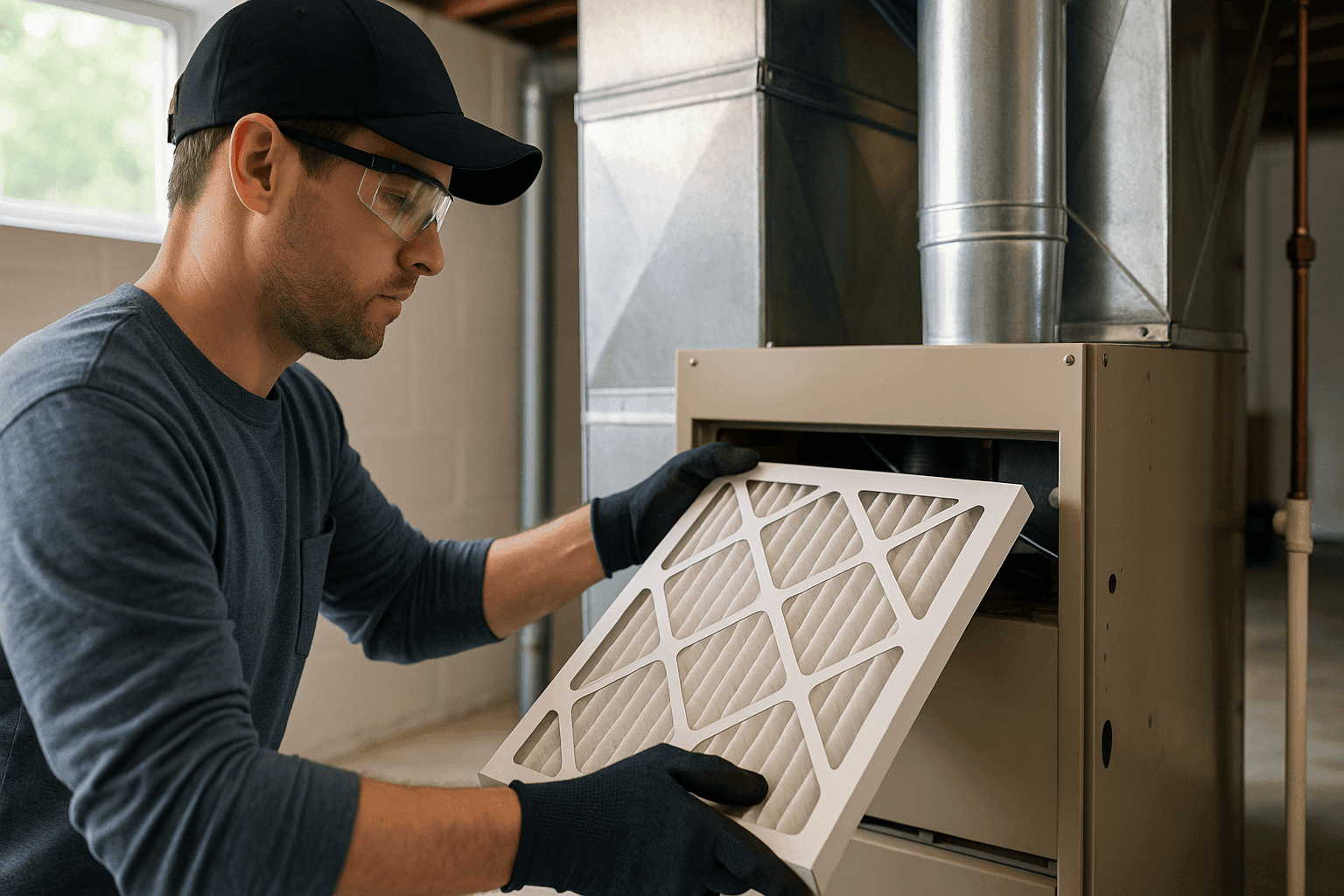 Homeowner replacing furnace air filter in basement utility area