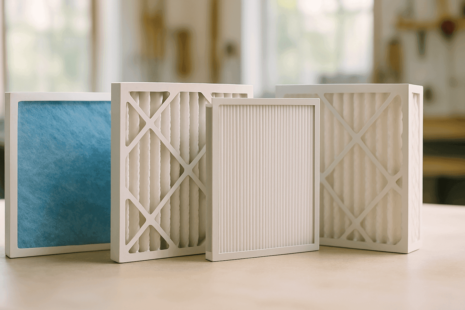Close-up of various furnace filters displayed on workbench