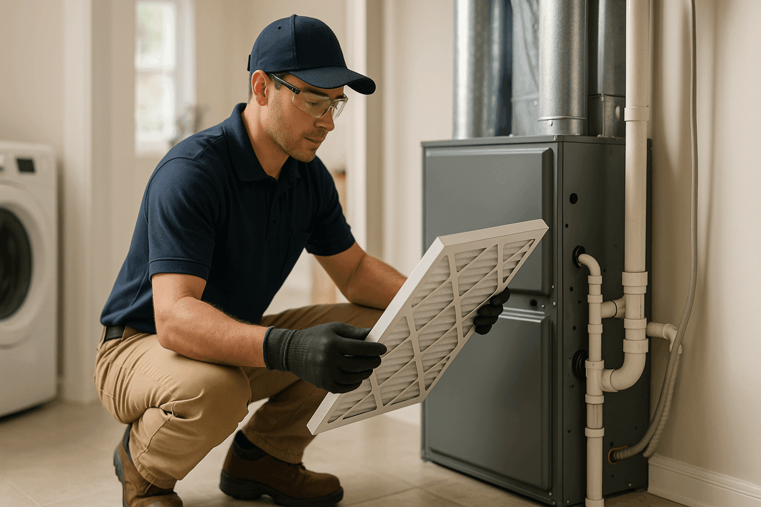 Technician inspecting furnace filter in a clean home utility room