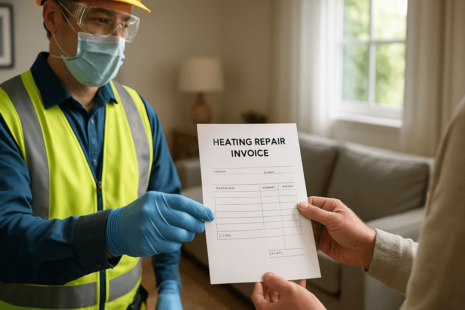 Homeowner reviewing heating repair invoice with technician in living room