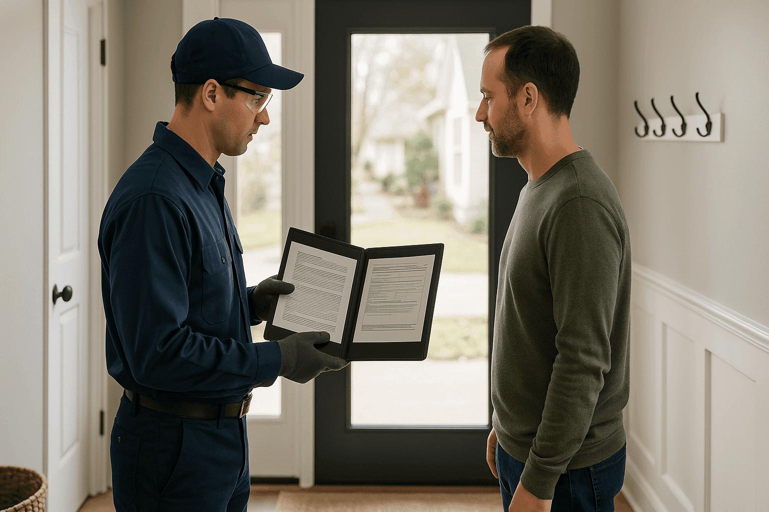 Homeowner reviewing credentials with heating technician in entryway