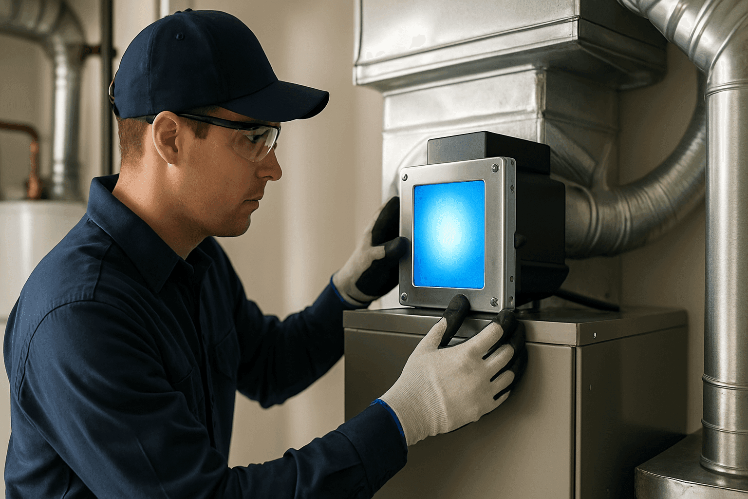 Technician installing air scrubber on residential HVAC system