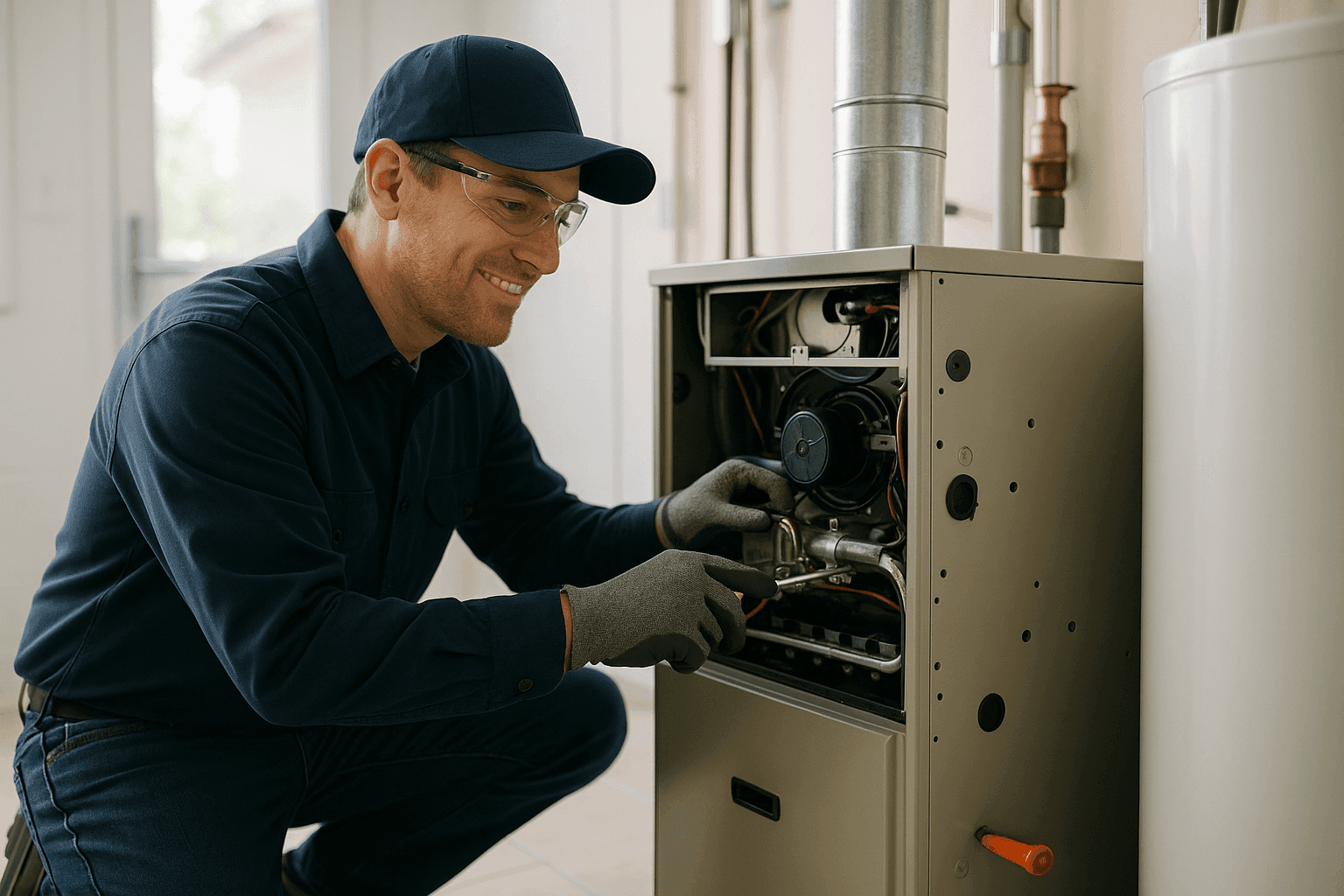 HVAC technician inspecting and maintaining a residential furnace system