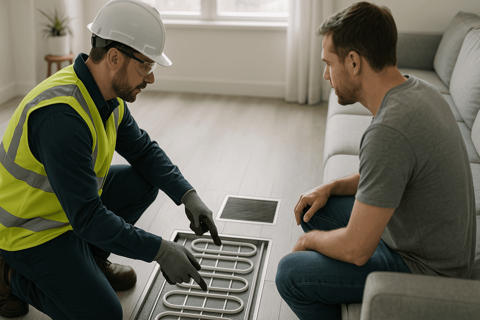 Technician explaining radiant and forced air systems to homeowner in modern living space