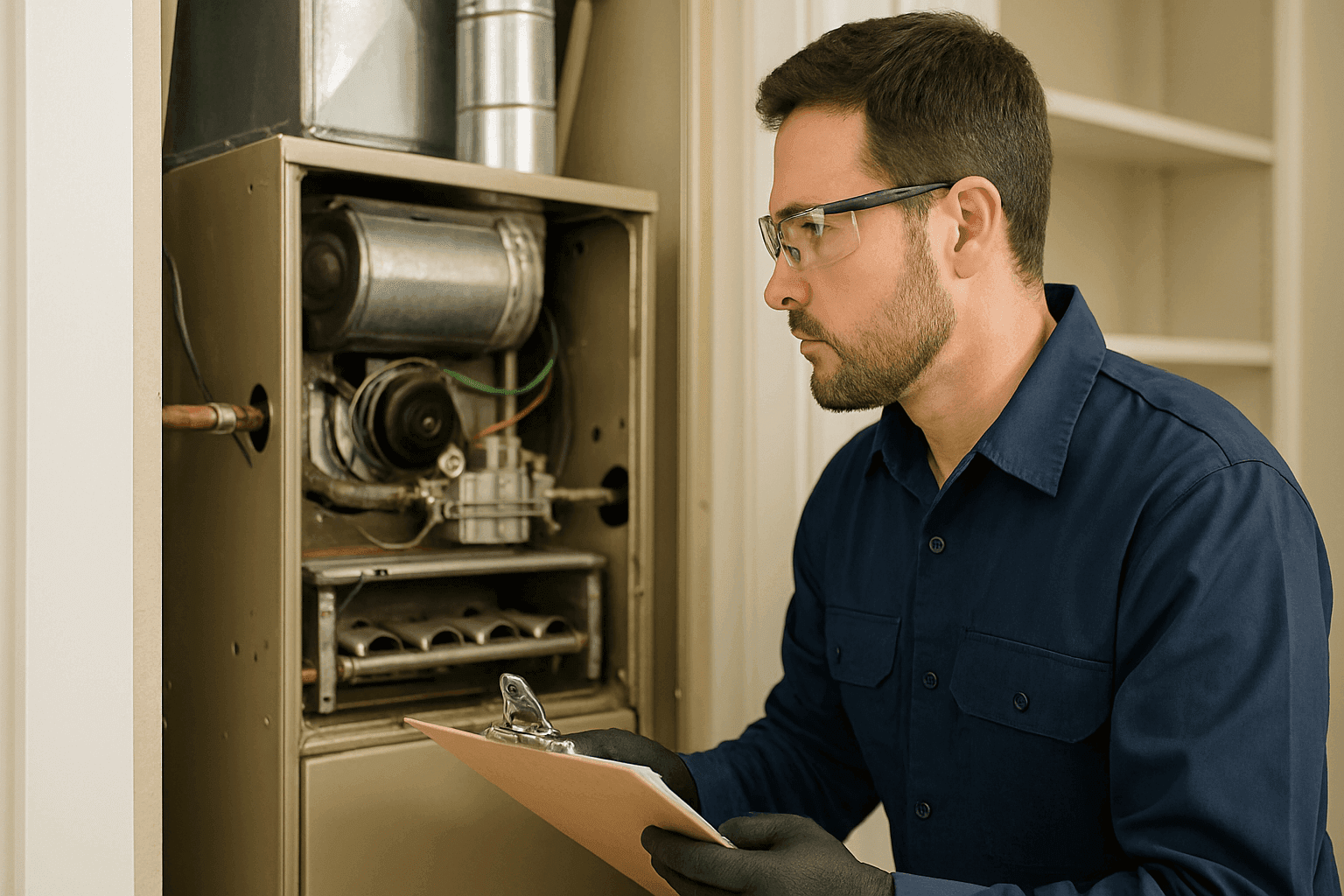 Técnico revisando un horno antiguo en el armario de servicios de una casa