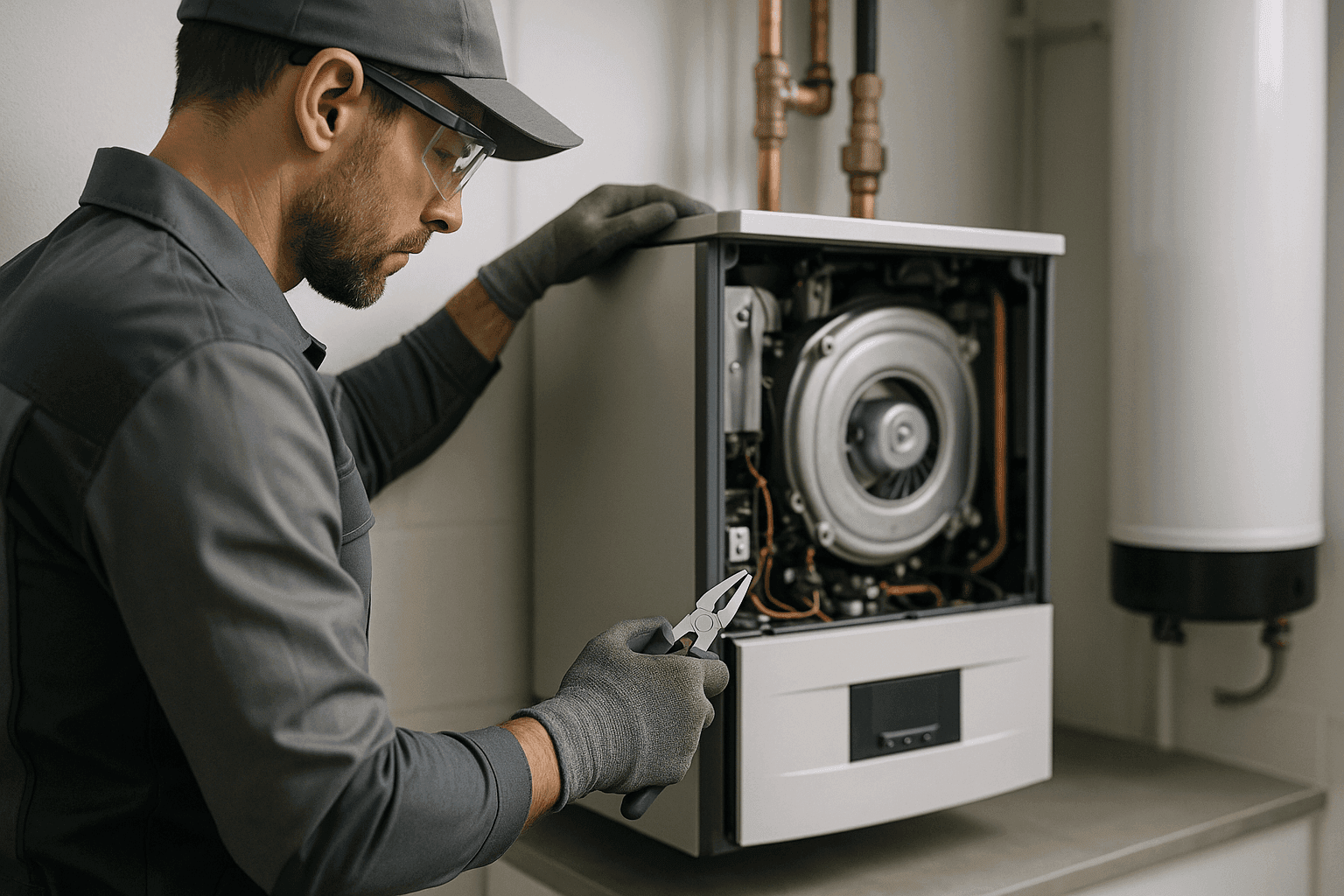 HVAC technician in PPE working on modern heating unit in clean residential utility room in Allen