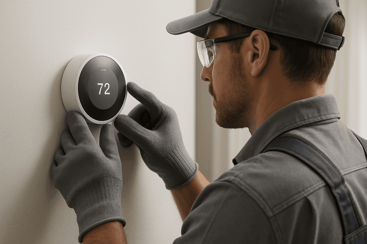 Close-up of gloved hands adjusting thermostat on clean residential wall with soft lighting in Allen